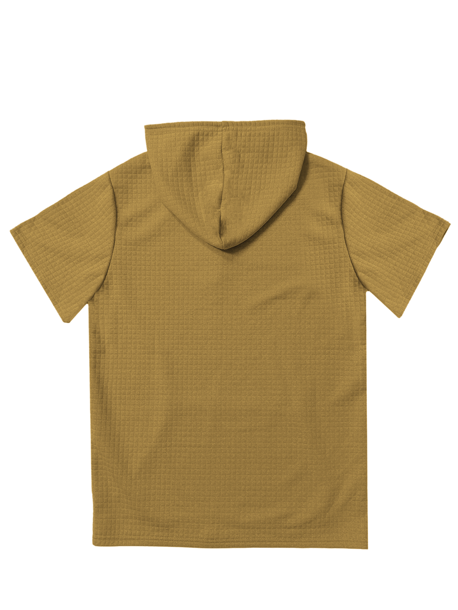 NO RISK NO STORY Men's Waffle Knit Short Sleeve Hoodie Top, Comfortable Printed Drawstring Sweatshirt T-Shirt with Pocket, Summer Casual Fashion Men's Apparel, Suitable for Outings and Home Wear, Suitable for Daily and Formal Wear, Summer Fashion - Khaki
