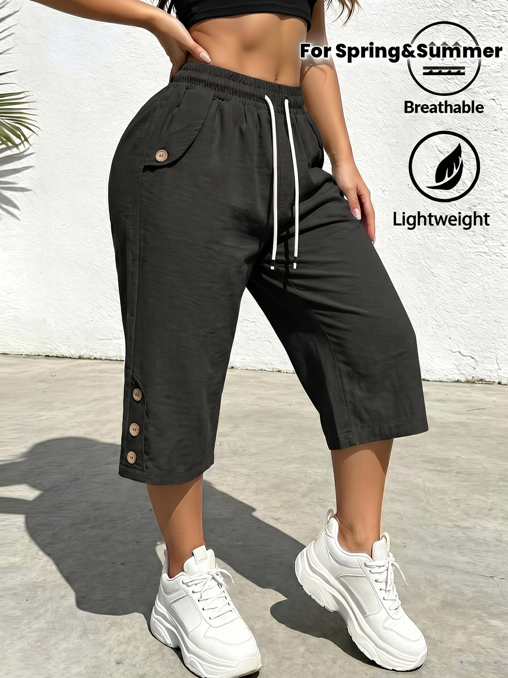 Summer Women's Cropped Cargo Pants with Stylish Pocket Design, Drawstring Elastic Waist Casual Long Pants, Suitable for Outdoor and Daily Wear - Black