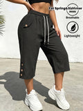 Summer Women's Cropped Cargo Pants with Stylish Pocket Design, Drawstring Elastic Waist Casual Long Pants, Suitable for Outdoor and Daily Wear - Black