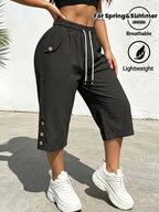 Summer Women's Cropped Cargo Pants with Stylish Pocket Design, Drawstring Elastic Waist Casual Long Pants, Suitable for Outdoor and Daily Wear - Black