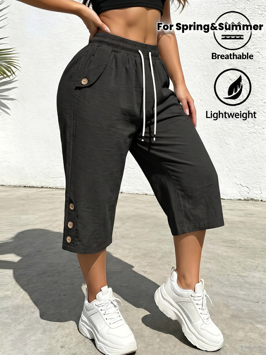 Summer Women's Cropped Cargo Pants with Stylish Pocket Design, Drawstring Elastic Waist Casual Long Pants, Suitable for Outdoor and Daily Wear - Black