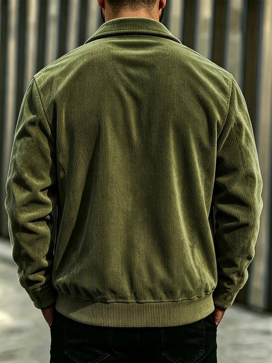 BOWZ Men's Corduroy Jacket Button-Up Cardigan Coat with Stand Collar & Drawstring Hood Suitable for Sports, Casual Commuting Jacket, Corduroy Button-Front Closure, Machine Washable Fall Outerwear, Solid Color Regular Fit Cardigan Gift - Olive