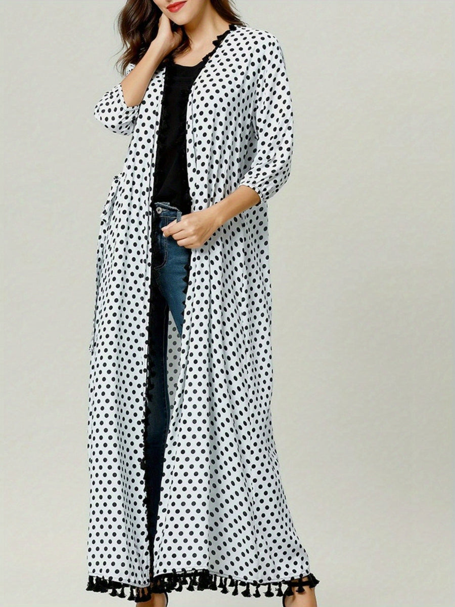 Women'S Elegant Polka Dot Print Tassel Trim Three-Quarter Sleeve Kaftan - White