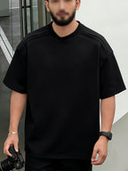 Men's Casual T-Shirt for Spring/Summer with 3D Shoulder Patchwork, Heavyweight Premium Feel Short Sleeve Crew Neck Pullover T-Shirt, Simple Streetwear Fashion Top, In Stock - Black