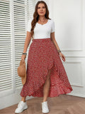 French-Style Floral Print Flowy Half-Skirt, High-Waisted Irregular Ruffle Hem Maxi Skirt - Small red florals