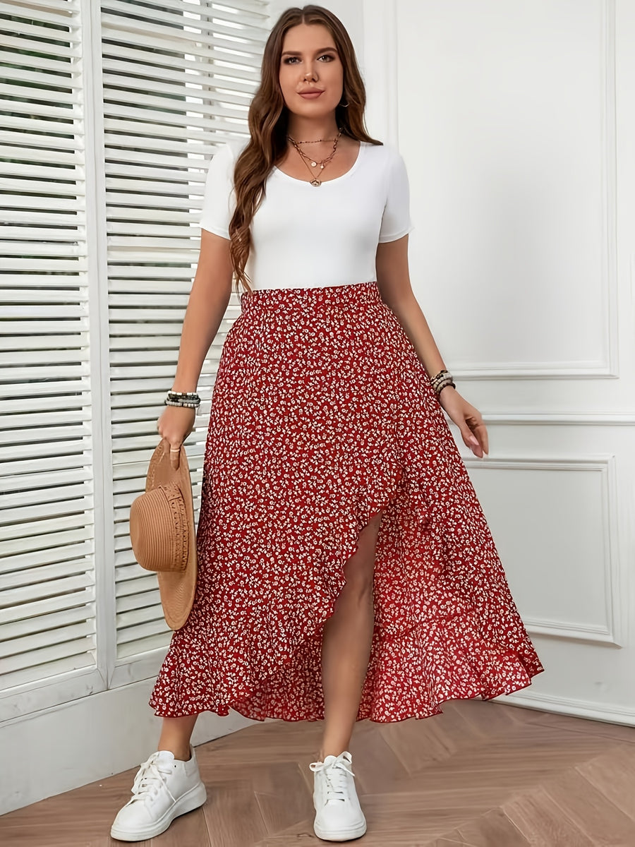 French-Style Floral Print Flowy Half-Skirt, High-Waisted Irregular Ruffle Hem Maxi Skirt - Small red florals