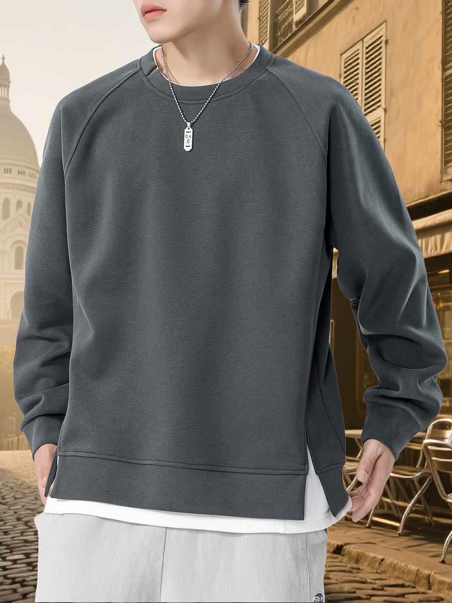 Autumn New Men'S Drop-Sleeve Casual Solid Color Sweatshirt Faux Two-Piece Hem, Men'S Round Neck Pullover, Niche Design Style - Dark Gray