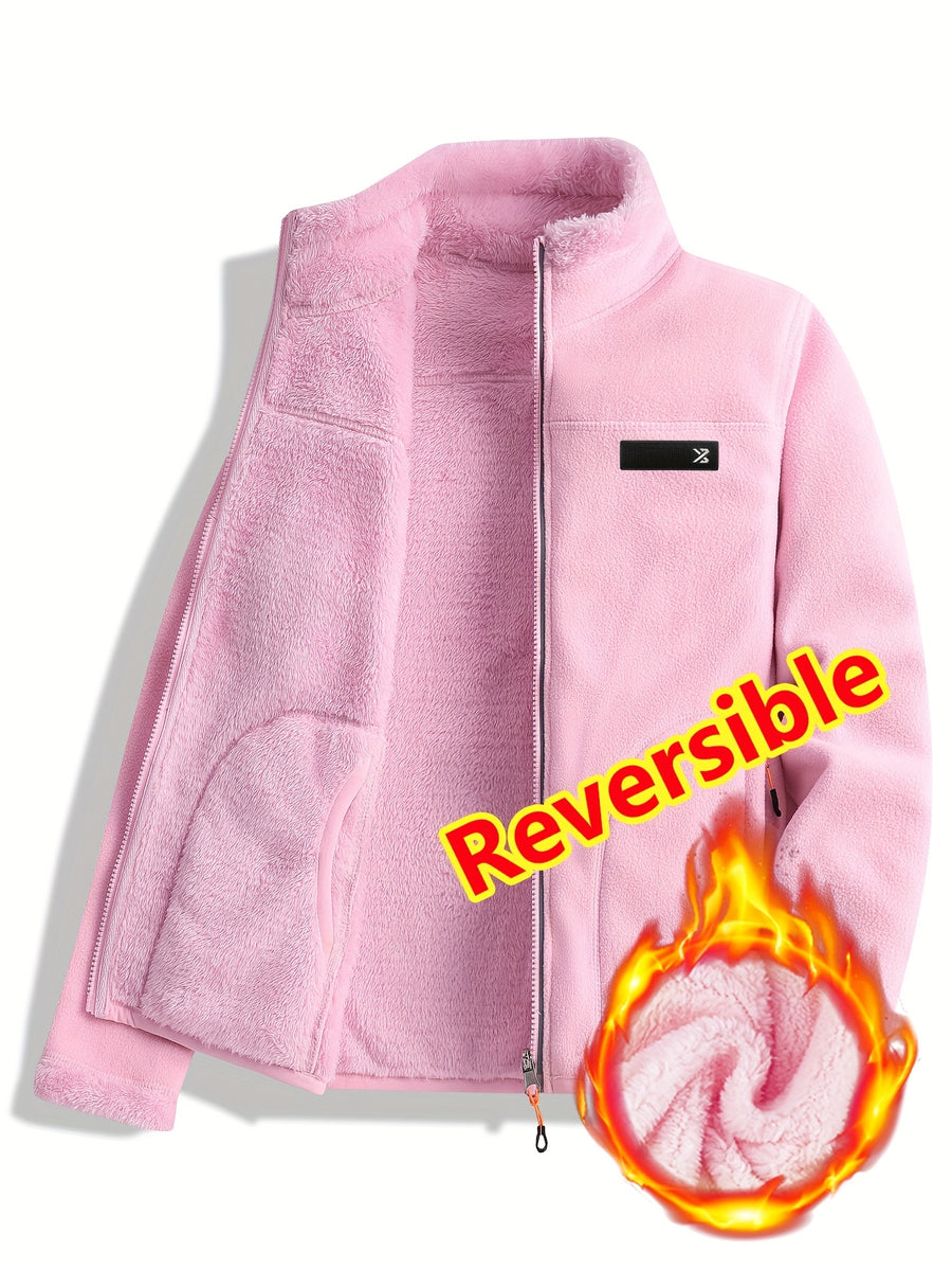 Women's Spring Casual Jacket, Thickened Shaggy Warm Printed Reversible Coral Sweatshirt, Double-Sided Outerwear - pink