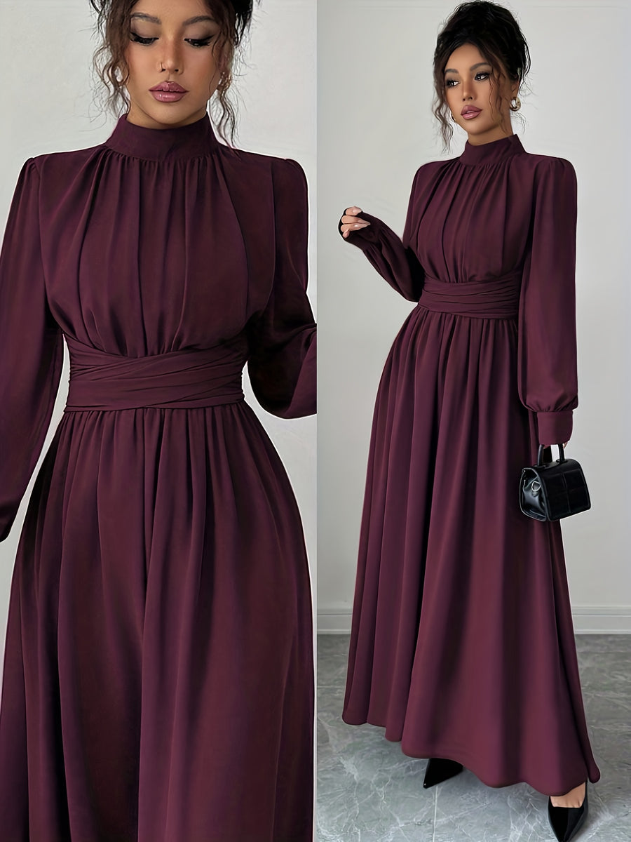 ZD1026017 Elenzga Women's Casual, Elegant, Romantic Sicilian Style Solid Color Chiffon Stand Collar Loose Fit Criss-Cross Tie A-Line Bow Long Sleeve Bridesmaid Dress, Suitable for Commuting, Vacations, Afternoon Tea, Parties, and Dinner Parties - Red