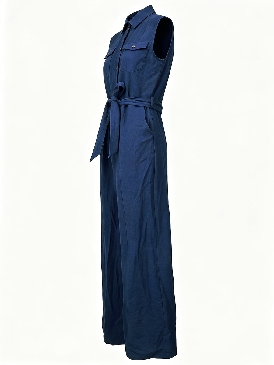 LN1993 Summer New Style Lapel Sleeveless Retro Casual Cargo Button-Style Belted Women'S Jumpsuit - Blue
