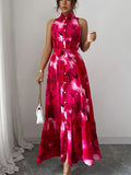 Women's Elegant A-Line Bridesmaid Dress with Collar & Button Belt Waist - Tailored Cinched Waist Long Length Dress Suitable for Weddings, Proms, Formal Events, Machine Washable Wedding Dress - Red