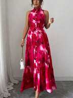 Women's Elegant A-Line Bridesmaid Dress with Collar & Button Belt Waist - Tailored Cinched Waist Long Length Dress Suitable for Weddings, Proms, Formal Events, Machine Washable Wedding Dress - Red