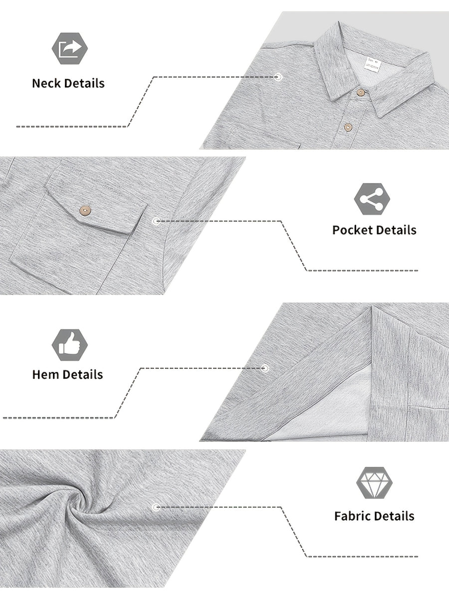 Autumn New Arrival 3pcs Set: Polo Collar Double Pocket Cargo Sweatshirt. Made of Thick Knitted Sweatshirt Fabric, Featuring a Half-zip Placket with Three Brown Vintage Buttons. Symmetrical Chest Cargo Pockets, Vintage Workwear Casual Style - Gray Blue Black