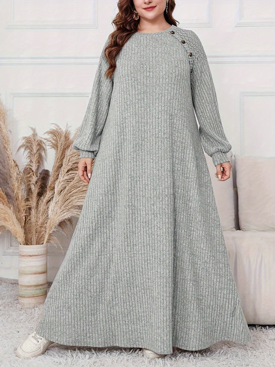 Plus Size, Women's Plus Size Elegant Maxi Dress - Long Sleeve Round Neck H-Line Dress with Wide Hems, All-Season -Length Gown for Weddings, Parties & Casual Attire, Machine Washable (Middle East Collection) - In Stock - Light Grey