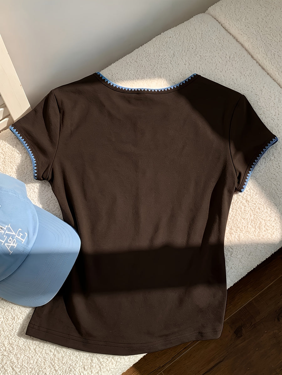 Autumn Winter New Women'S Sheer Round Neck T-Shirt, Contrast Lace Collar Patchwork Short Basic Base Layer, Comfortable Breathable Skin-Friendly Short Sleeve Top - Dark Brown