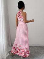 Fashionable New Women'S Summer Halter Floral Print Pleated Dress - Pink