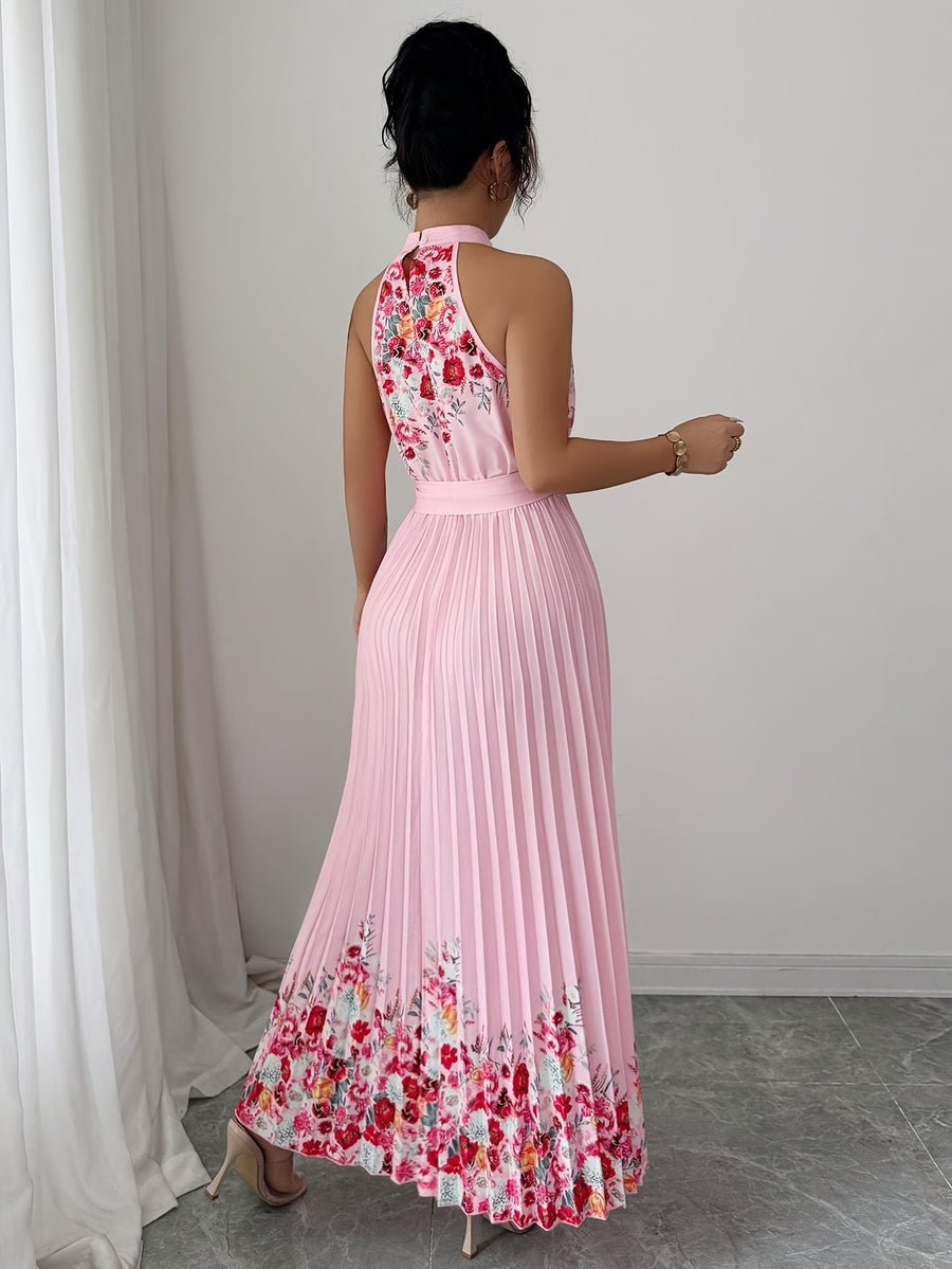 Fashionable New Women'S Summer Halter Floral Print Pleated Dress - Pink