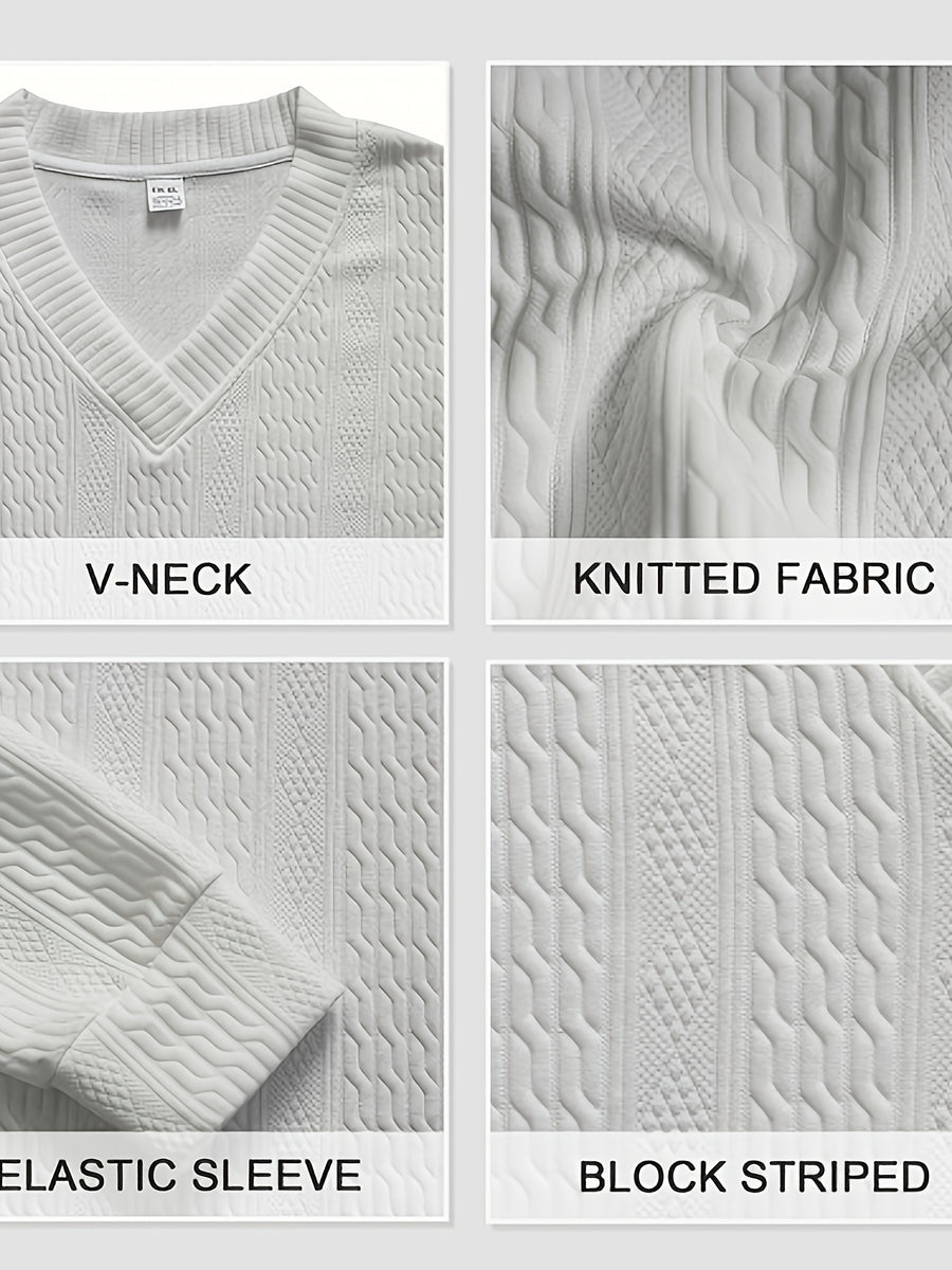 Fall Winter Men'S Casual Cable Knit Pullover, V-Neck Long Sleeve Textured Sweater with Ribbed Neckline, Cuffs, And Hem, Relaxed Everyday Top for Business Casual, Weekend, Dinner, Vacation, Travel, And Outdoor Walks - White