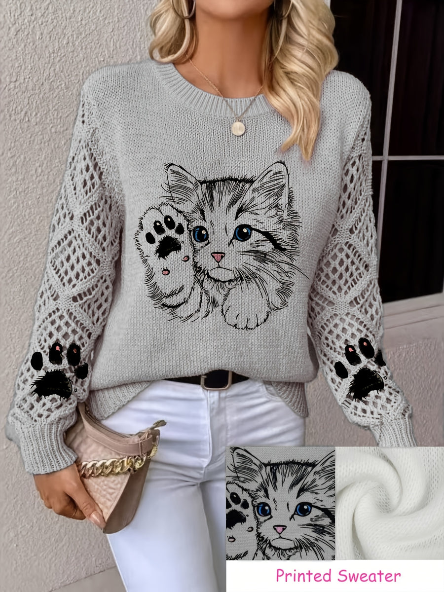 Vintage Cat Paw Print Hollow-Out Long Sleeve Round Neck Sweater, Casual Lazy Style Sweater Top. Non-shrink, Colorfast, Moderate Thickness Sweater. Suitable for All Seasons as Outerwear or Innerwear, Casual Outings, Home Office. Fashionable and - Space Gray