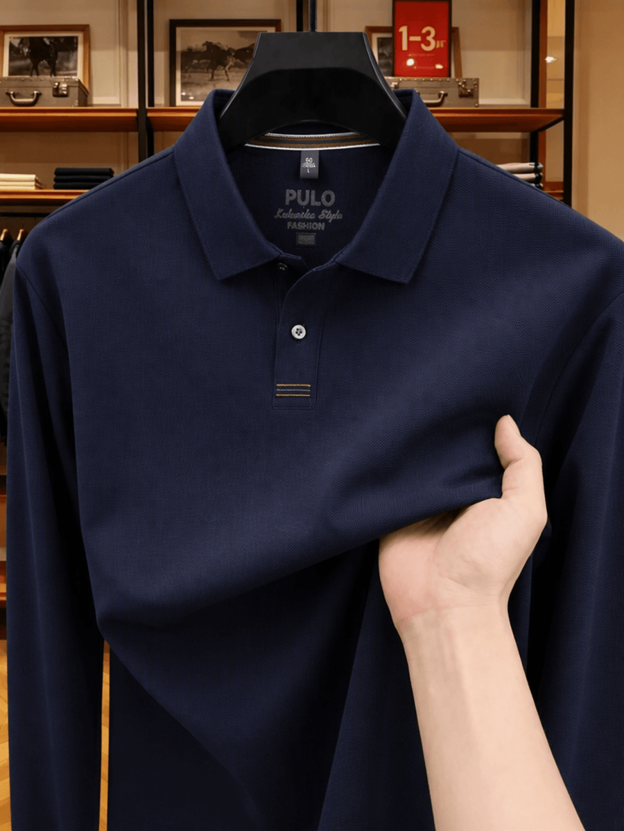 Men's Golf, Casual, Fishing, Tennis, Sports Solid Color Top, Spring/Autumn Apparel for Middle-aged and Young Men, Soft and Skin-friendly Piqué Pure Fabric, Long-Sleeve Polo Shirt, Men's Long-Sleeve T-Shirt, New Spring/Autumn Casual Turn- Collar Solid - On Cyan