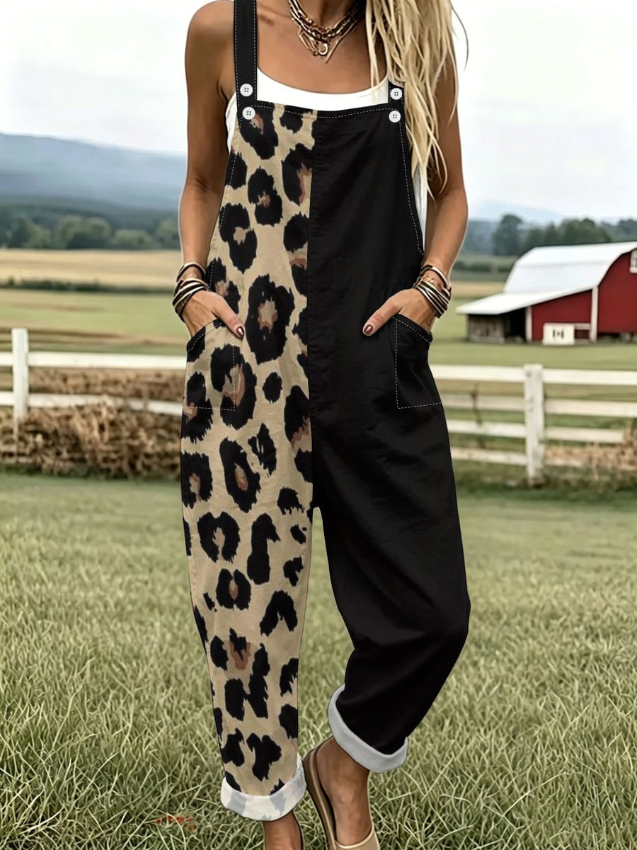 Retro-Style Sexy Overalls with Half Leopard Print And Half Black Patchwork Design, Women'S Wide-Leg Jumpsuit with Fold-Up Cuffs And Pockets, Perfect for Everyday Wear, Outings, And Workwear - Multicolor