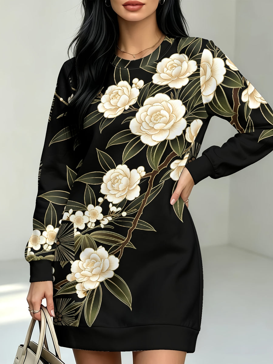 White Rose Branch Women'S All Over Print Long Sleeve Dress, Slight Stretch Crew Neck A Line Straight Hem, Versatile for Commute, Home & Dating - Multicolor