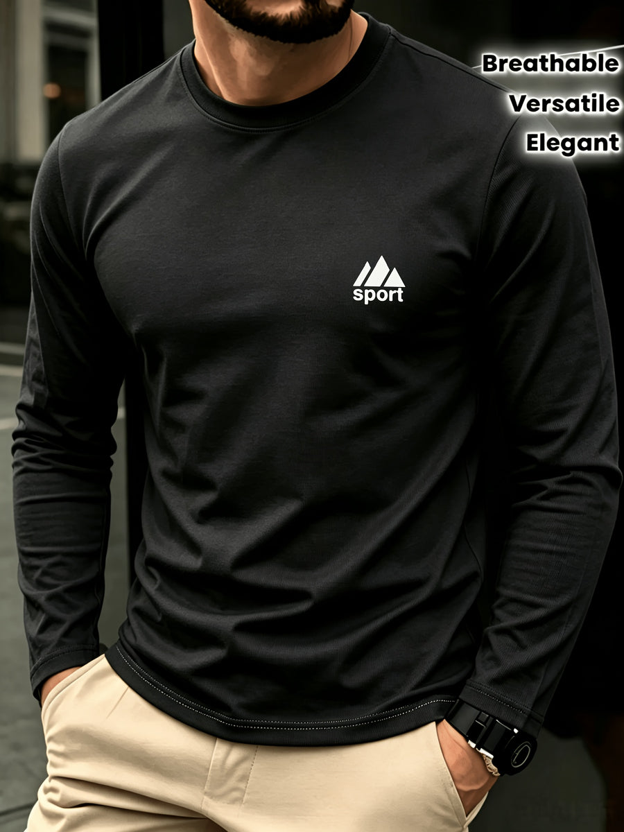 Men'S Spring And Autumn Thin Knitted Classic Solid Color Long-Sleeve T-Shirt 1pc, Casual Sports All-Match Inner Wear Men'S Long-Sleeve Tops - Black
