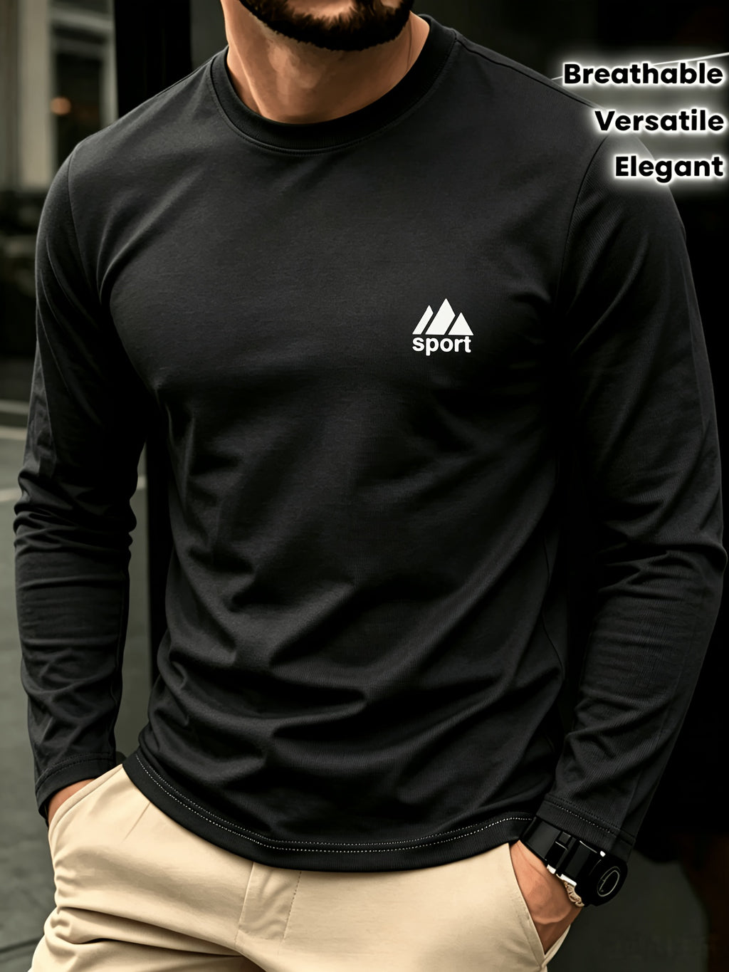 Men'S Spring And Autumn Thin Knitted Classic Solid Color Long-Sleeve T-Shirt 1pc, Casual Sports All-Match Inner Wear Men'S Long-Sleeve Tops - Black