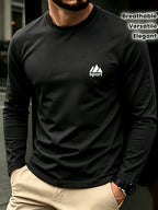 Men'S Spring And Autumn Thin Knitted Classic Solid Color Long-Sleeve T-Shirt 1pc, Casual Sports All-Match Inner Wear Men'S Long-Sleeve Tops - Black