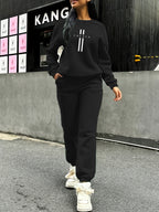 Women'S Autumn Winter Two-Piece Set, Easy Pattern Sweatshirt And Jogger Pants - Black