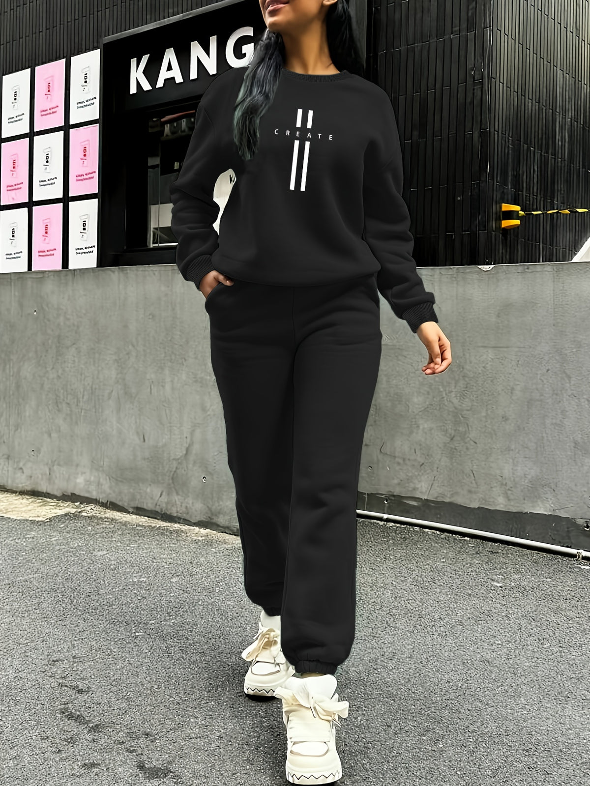 Women'S Autumn Winter Two-Piece Set, Easy Pattern Sweatshirt And Jogger Pants - Black