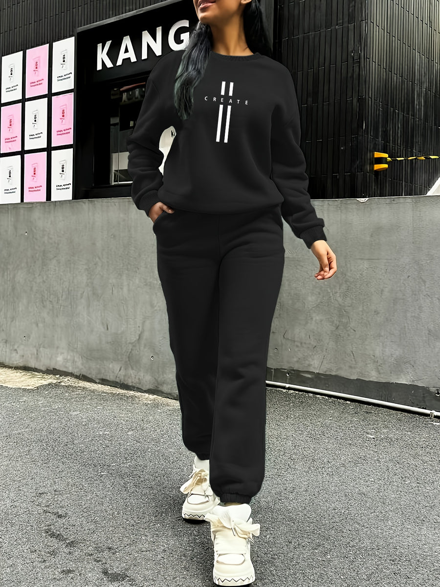 Women'S Autumn Winter Two-Piece Set, Easy Pattern Sweatshirt And Jogger Pants - Black