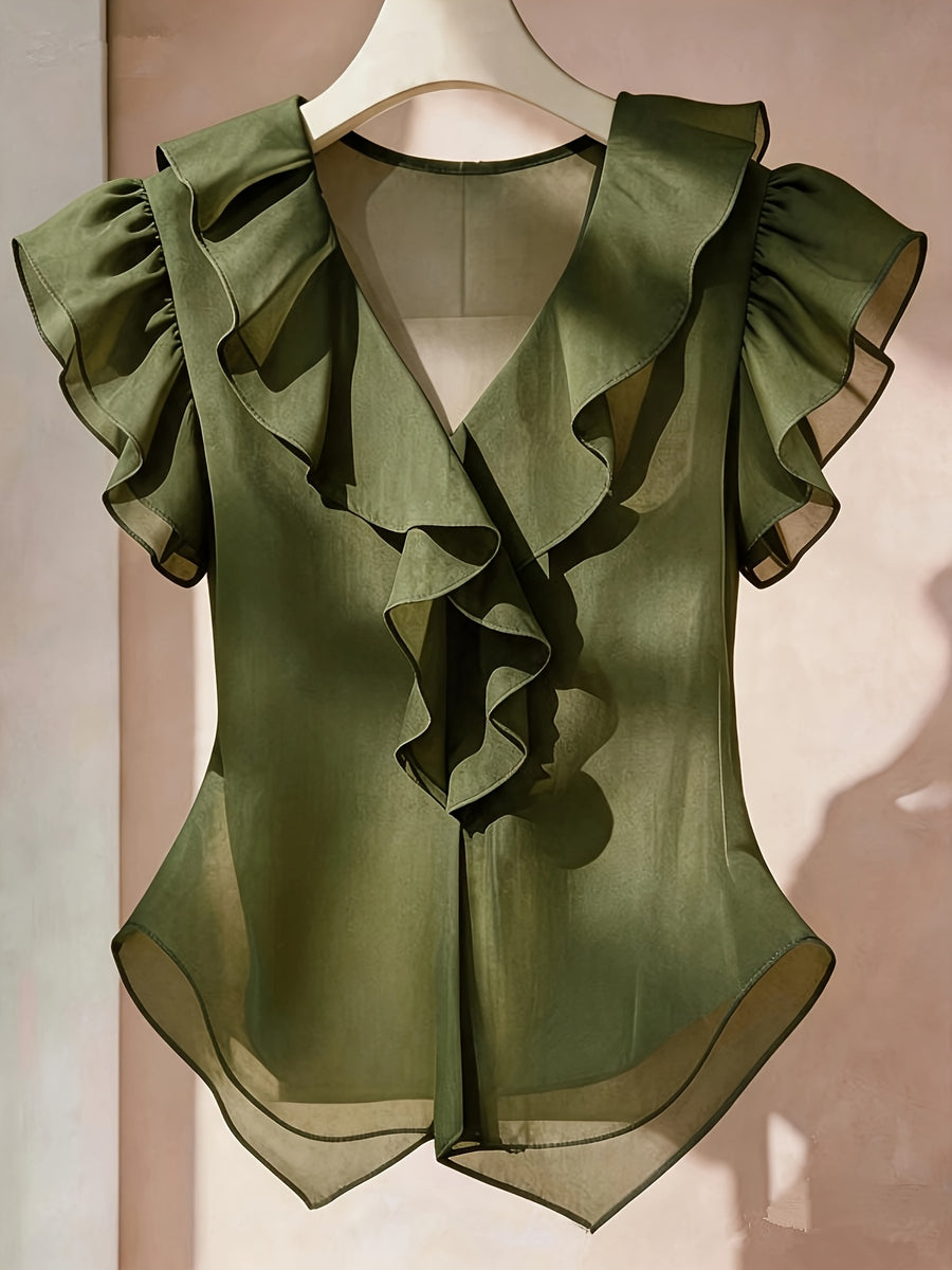 Summer French Solid Ruffled Fly Short Sleeve Shirt Chiffon Top Women'S - Olive Green