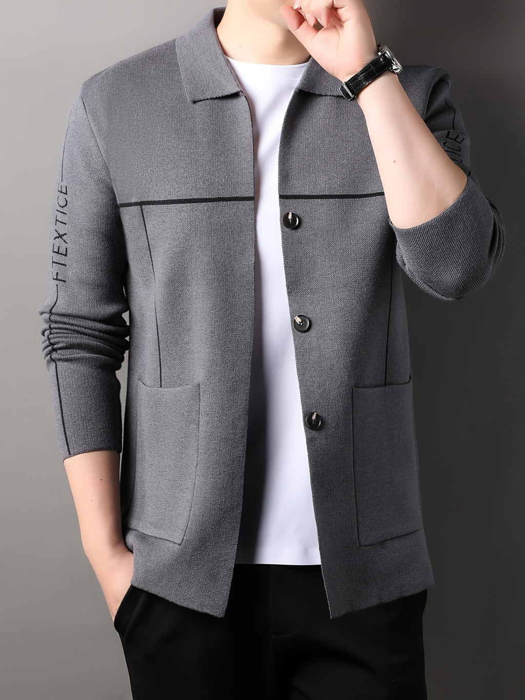 Xingfan Autumn/Winter Men's Line Embroidery Cardigan Long Sleeve Casual Lapel Knitted Outerwear - Grey