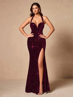 Ladies' Elegant and Dress with Sparkling Sequins Dress, Suitable for Holiday Dates, Fashionable Parties, Dinner Parties - Lingshan Exclusive L10033 - Burgundy
