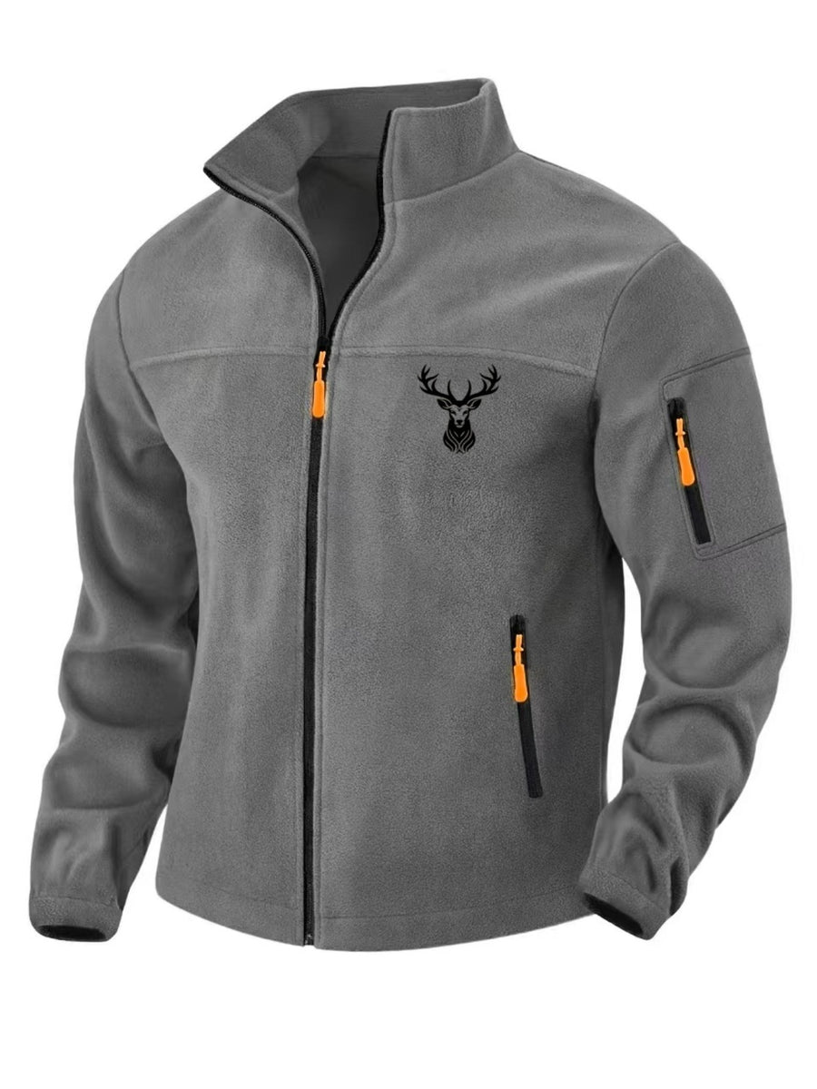 Men'S Autumn Winter Trendy Outdoor Fleece Jacket, Easy Deer Head Print Design, Multi-Zipper Storage Pockets, Suitable for Middle-Aged And Young Adults, Mountaineering Fishing Daily Commuting All-Match Cargo Jacket Top - Dark Gray