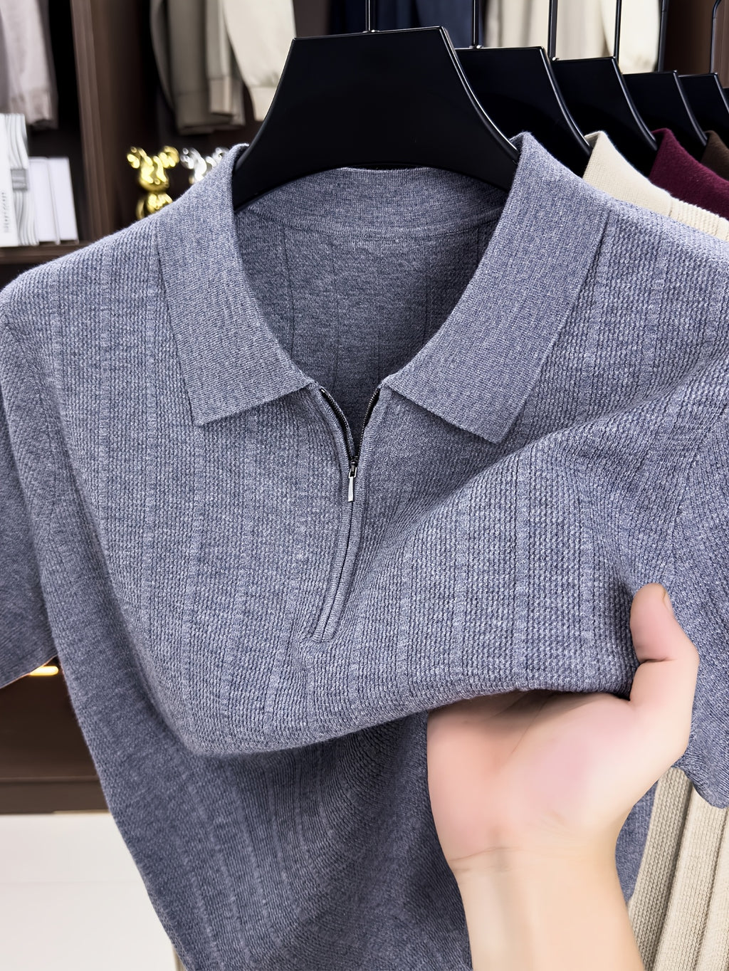 New Spring/Autumn Vertical Stripe Knit Polo Shirt for Men, Half-Zip Lapel Short Sleeve Light Luxury Stretch Casual Base Layer Top, Suitable for Daily Work Wear - Grey