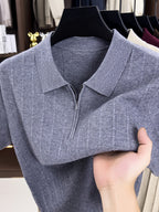 New Spring/Autumn Vertical Stripe Knit Polo Shirt for Men, Half-Zip Lapel Short Sleeve Light Luxury Stretch Casual Base Layer Top, Suitable for Daily Work Wear - Grey