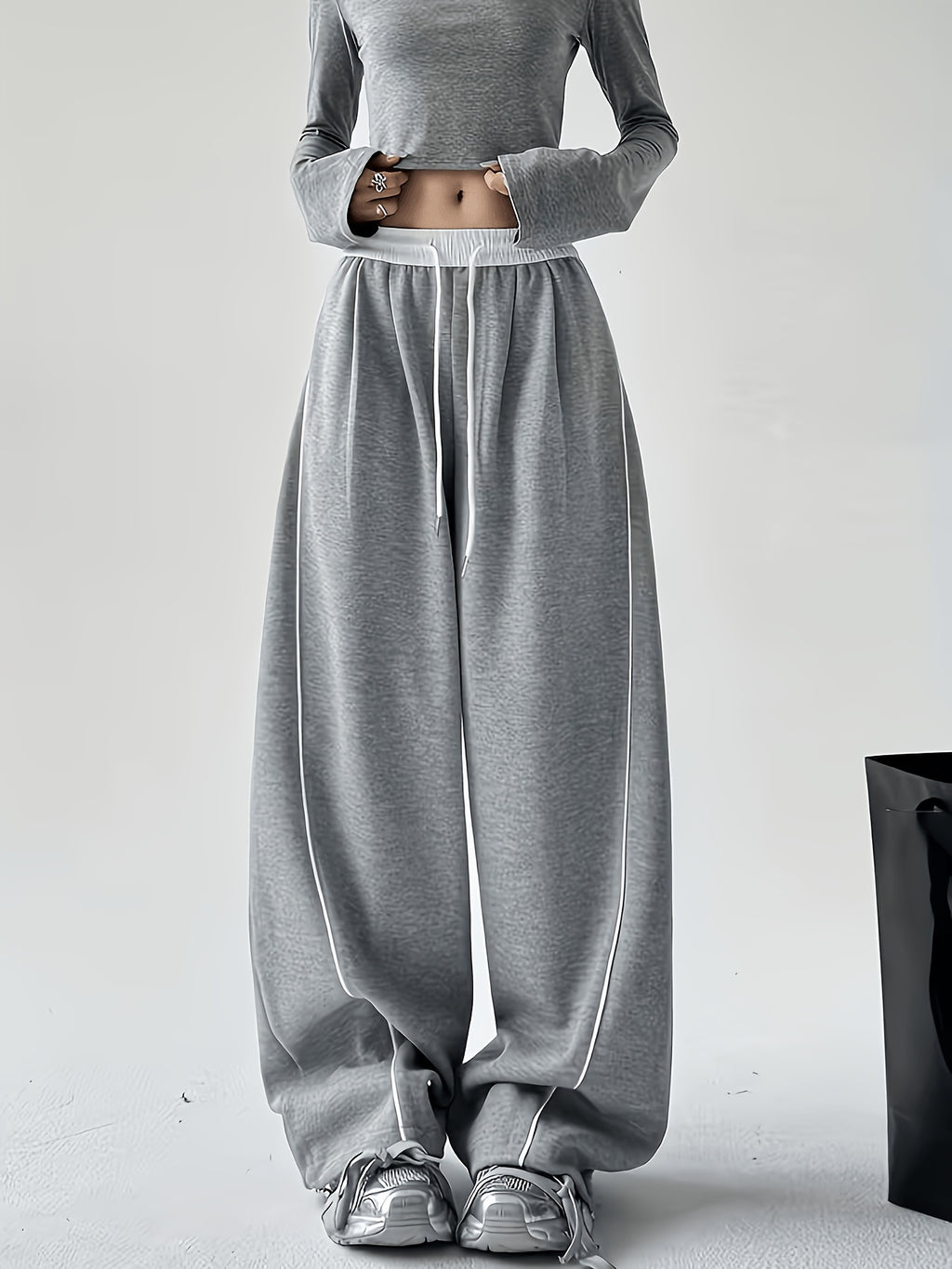 Wide Leg Sweatpants with Contrast White Elastic Waistband, White Side Piping Stripes, Convertible Adjustable Hem Cuff Two Ways Wearing Pants, Four Seasons Breathable Casual Athletic Joggers for Yoga Daily Street Outfits - Star Gray