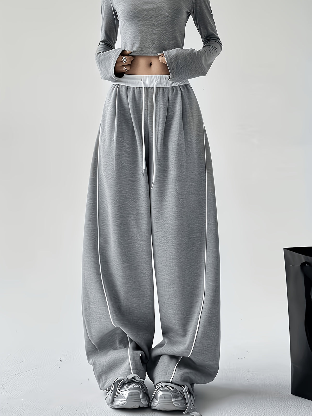 Wide Leg Sweatpants with Contrast White Elastic Waistband, White Side Piping Stripes, Convertible Adjustable Hem Cuff Two Ways Wearing Pants, Four Seasons Breathable Casual Athletic Joggers for Yoga Daily Street Outfits - Star Gray