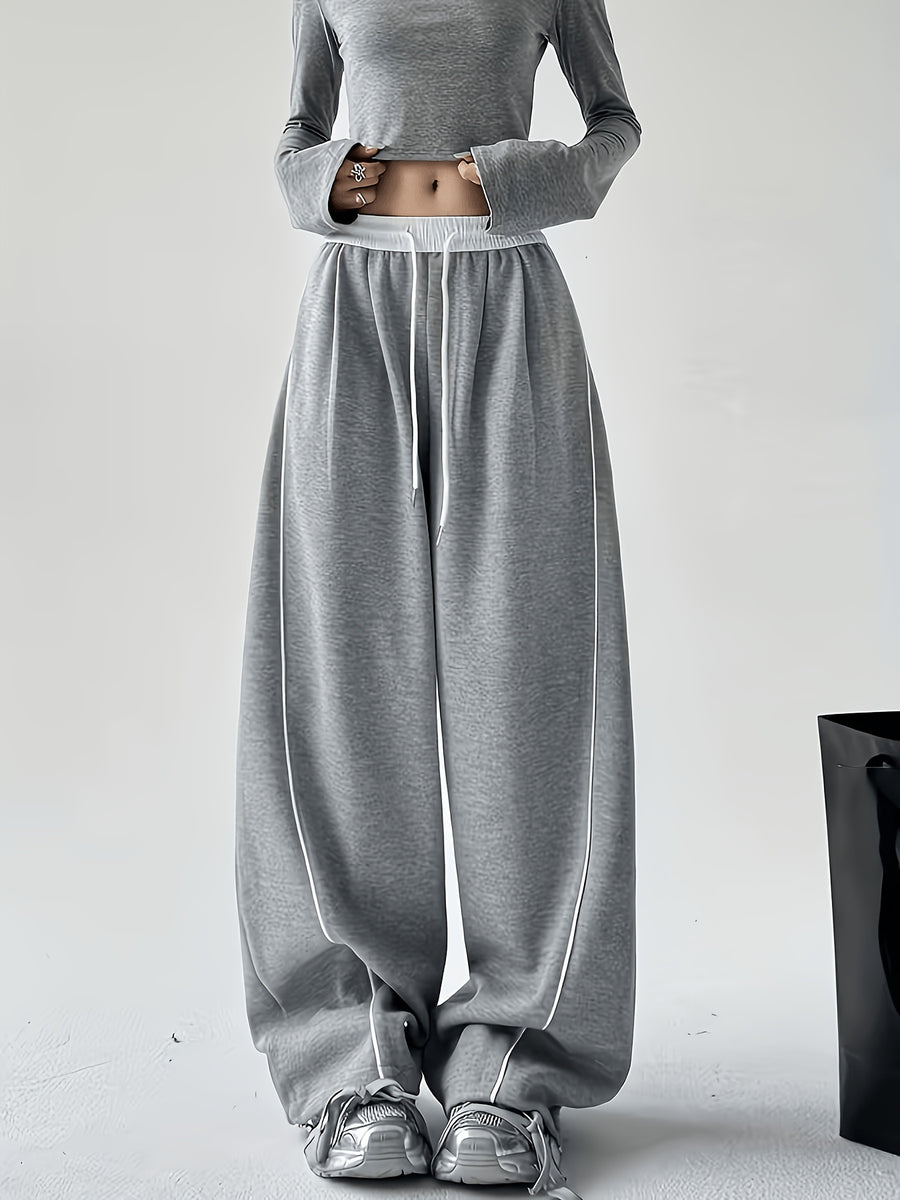 Wide Leg Sweatpants with Contrast White Elastic Waistband, White Side Piping Stripes, Convertible Adjustable Hem Cuff Two Ways Wearing Pants, Four Seasons Breathable Casual Athletic Joggers for Yoga Daily Street Outfits - Star Gray