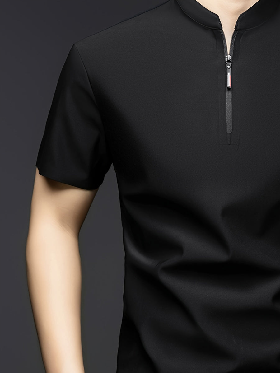 Summer Men'S Short Sleeve T-Shirt, Classic Mandarin Collar with Half Zipper, Smooth And Wrinkle-Resistant, Self-Cooling, Good Drape, Essential Top for Daily, Dating, And Light Business - Black
