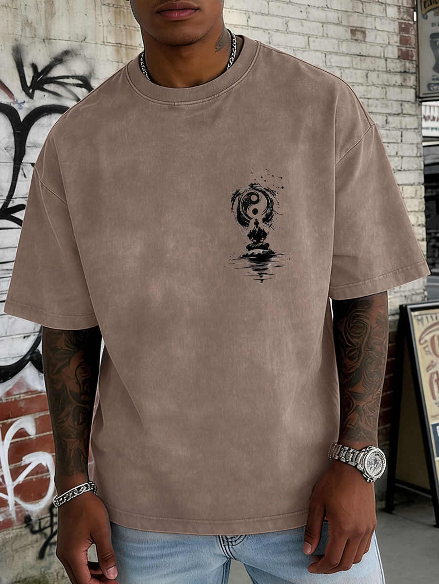 Washed and Distressed Pure Cotton Short-sleeve T-shirt with Trendy Double-sided Print Featuring Tai Chi, Zen, and Meditating Ink Wash Art. Available in 12 Colors for Mix-and-match Styling. Loose-fit Men's Top in High Street Y2K Style - Brown