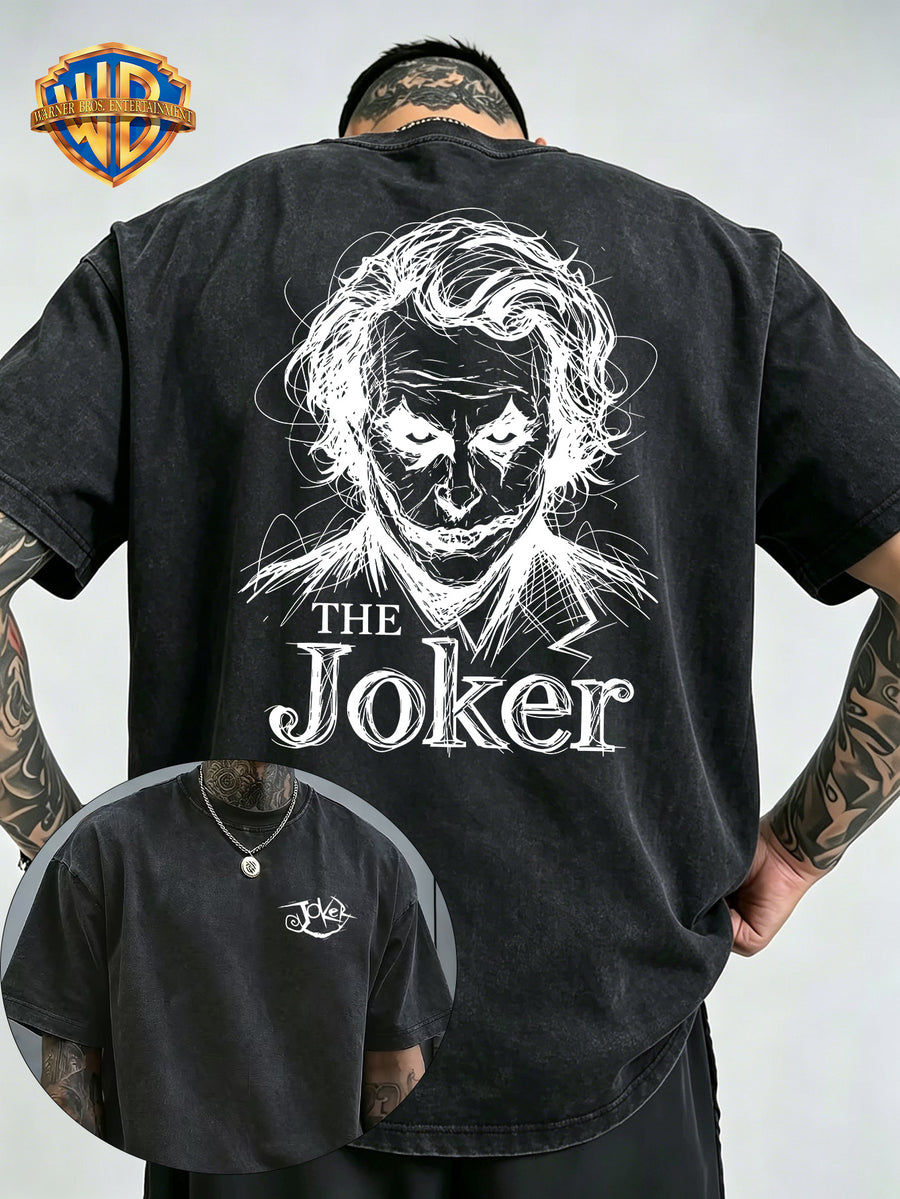 Warner Bros Official Hand-Drawn Scribble DC Joker Print Washed T-Shirt, Men's 100% Pure Cotton Fabric, Casual and Comfortable Style, Loose Fit Breathable Short Sleeve Men's Casual Top, Distressed Washed Loose Fit - Black