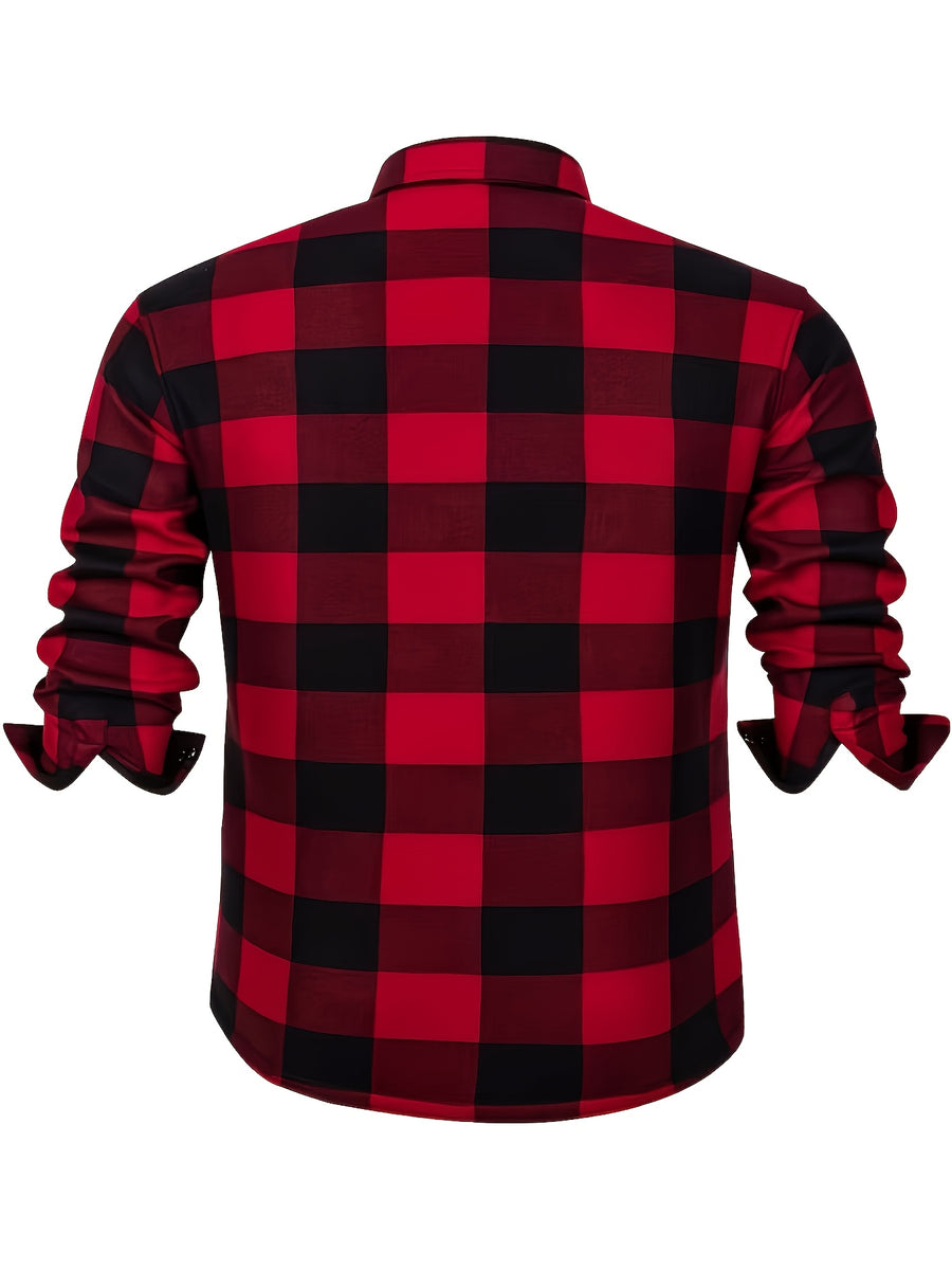 Autumn/Winter Plaid Flannel Shirt for Men, -Lined, Thickened, Warm, Long-Sleeve Workwear Jacket, Casual Top, New Season - Red