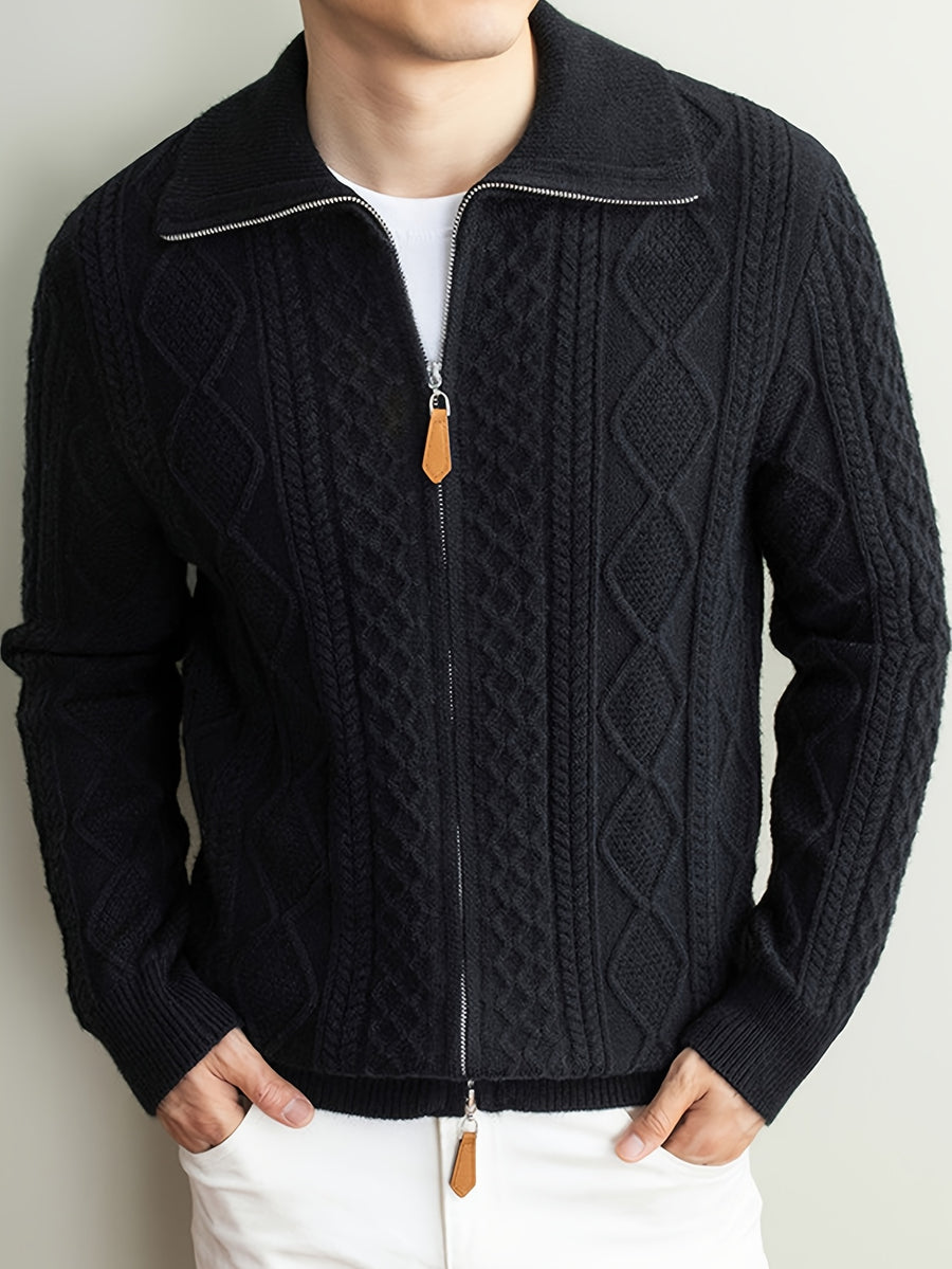 Men'S Lapel Jacquard Zipper Sweater, Casual Light Mature Style, Suitable for Commuting And Daily Outings; Can Be Worn Alone in Autumn/Winter, Also Works As a Layer Over T-Shirt - SINBOS, Knit - Black