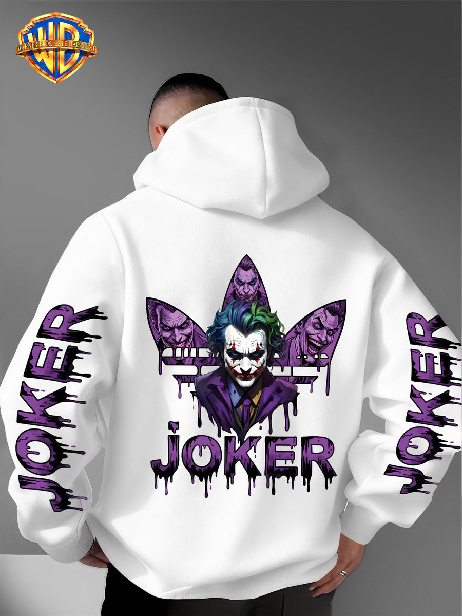 Warner Bros. DC JOKER Purple and Black Graffiti Portrait Men's Fashion Hooded Sweatshirt, Sleeve Print Design, Kangaroo Pocket, Drawstring Hood, Suitable for Daily Wear and Outdoor Sports, an Excellent Choice for Warmth - White