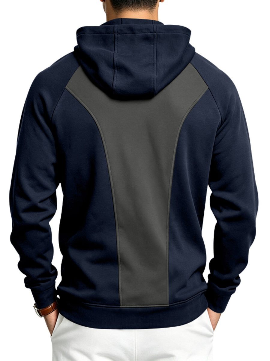 Men'S Spliced Half-Zip Pullover Hoodie, Loose Long Sleeve Sweatshirt, Outdoor Fitness Sports Casual Top for Autumn Winter - Navy Blue