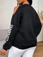 Women'S Loose Casual Letter Print Off-Shoulder Long Sleeve Base Layer Sweatshirt, Spring Autumn Commute Back-To- Outfit - Black