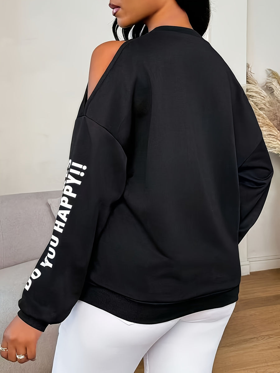 Women'S Loose Casual Letter Print Off-Shoulder Long Sleeve Base Layer Sweatshirt, Spring Autumn Commute Back-To- Outfit - Black